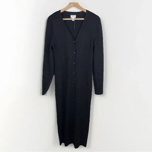 Caslon Women's Long Black Ribbed V-Neck Cardigan Midi Sweater Dress Size S